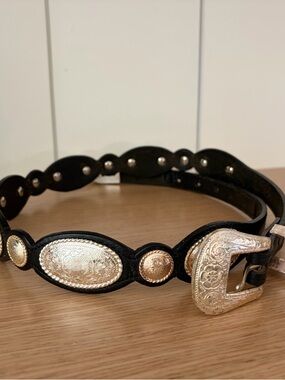 Western-Style Black Leather Belt with Decorative Gold Conchos
